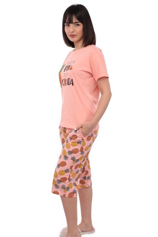 Arcan Ananas Desenli Kısa Kol Kadın Kapri Pijama Takımı | Somon