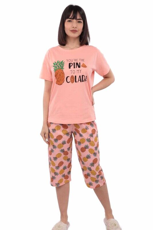 Arcan Ananas Desenli Kısa Kol Kadın Kapri Pijama Takımı | Somon