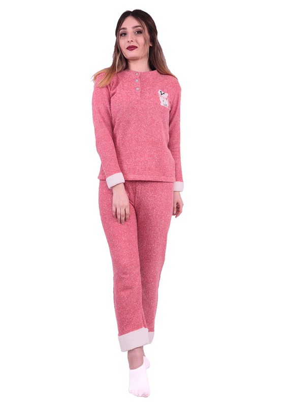 Asma Kedi Nakışlı Polar Pijama Takımı 7786 | Pudra - Thumbnail
