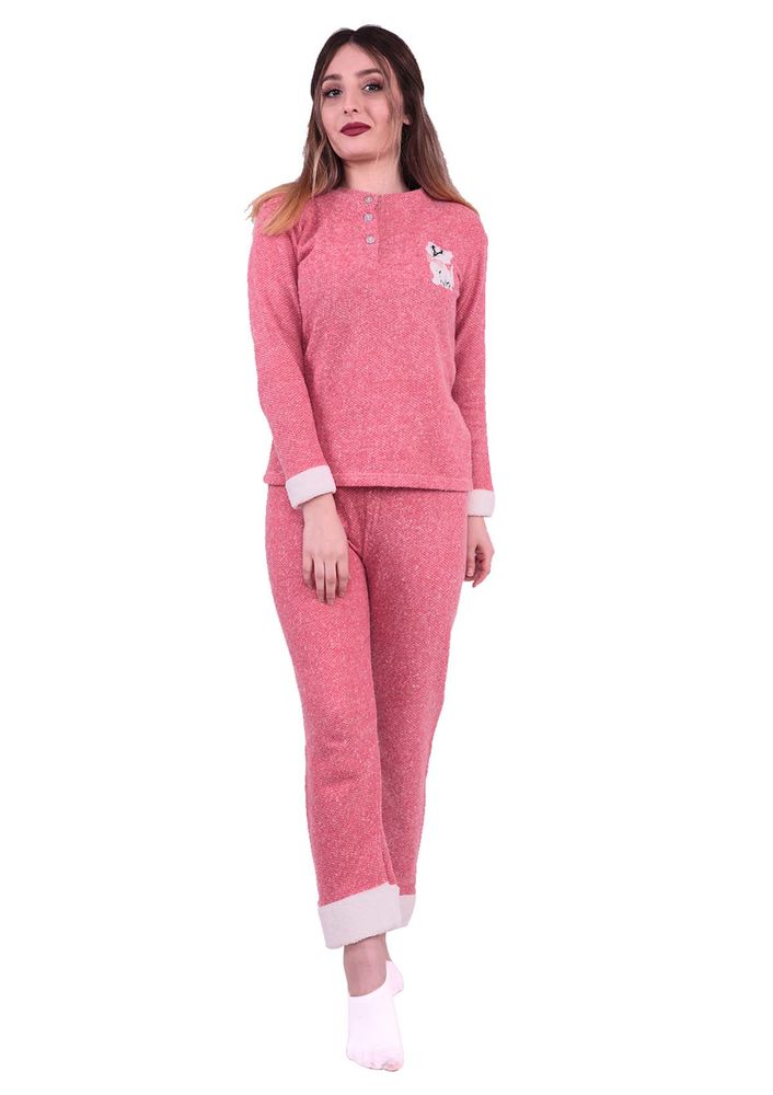 Asma Kedi Nakışlı Polar Pijama Takımı 7786 | Pudra
