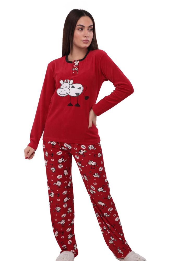 Fapi Boru Paçalı Desenli Kadife Pijama Takımı 3315 | Kırmızı