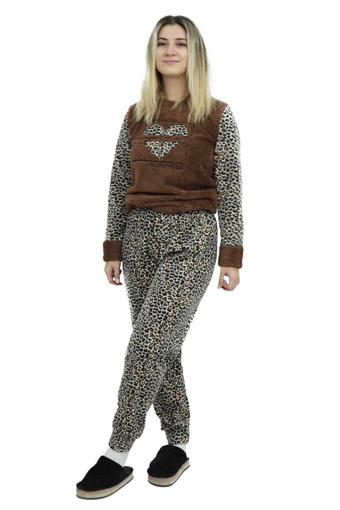 Leopar Desenli Polar Kadın Pijama Takımı 2477 | Kahve