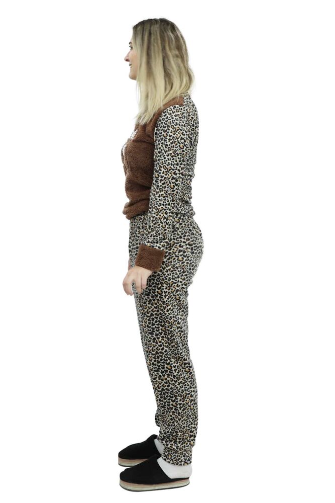 Leopar Desenli Polar Kadın Pijama Takımı 2477 | Kahve