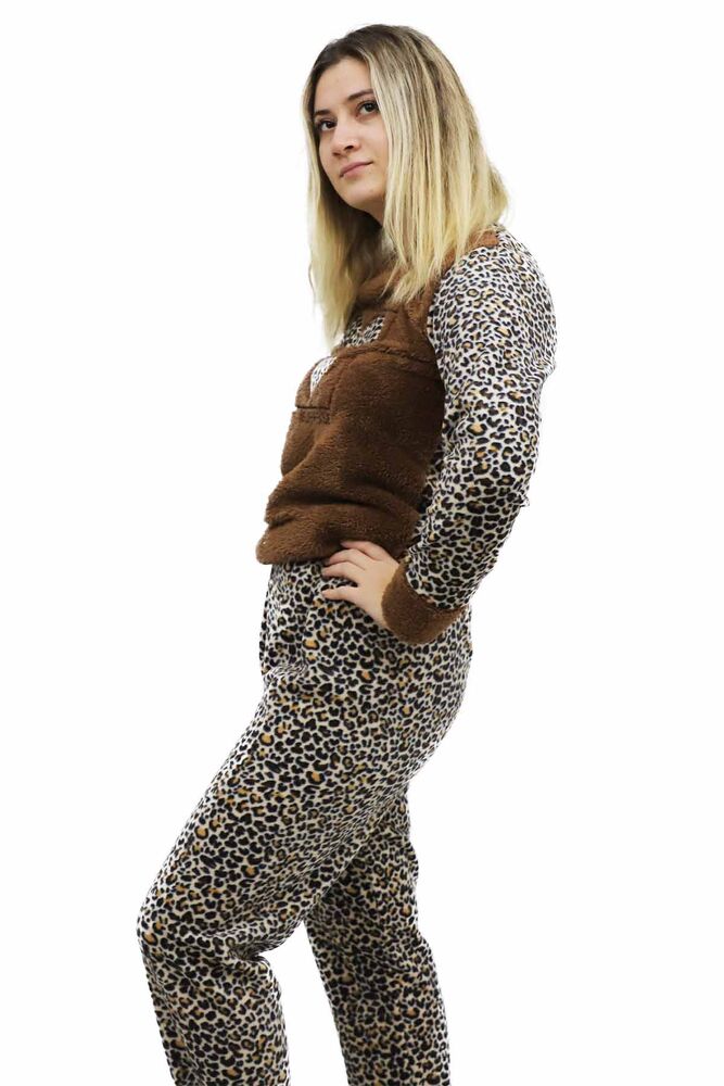 Leopar Desenli Polar Kadın Pijama Takımı 2477 | Kahve