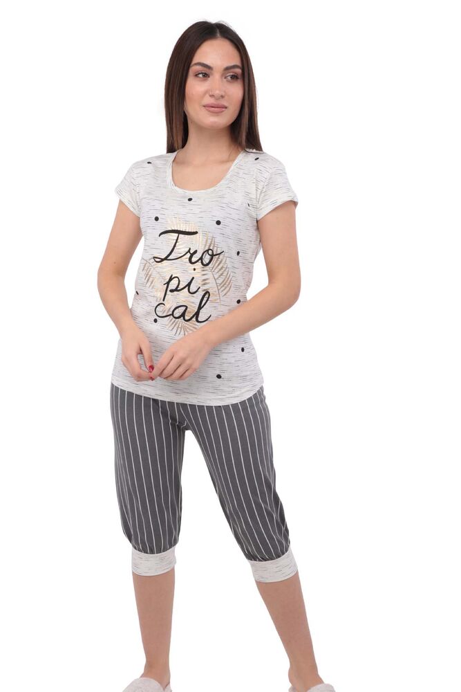 Sude Kısa Kollu Desenli Kapri Ribanalı Pijama Takımı 2749 | Beyaz