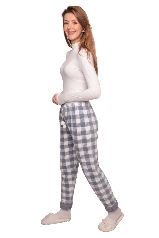Kareli Cepsiz Kadın Polar Pijama Altı 8745 | Gri - Thumbnail