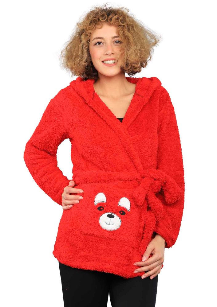 Pery Cepli Kapüşonlu Lila Peluş Sabahlık 100 | Kırmızı
