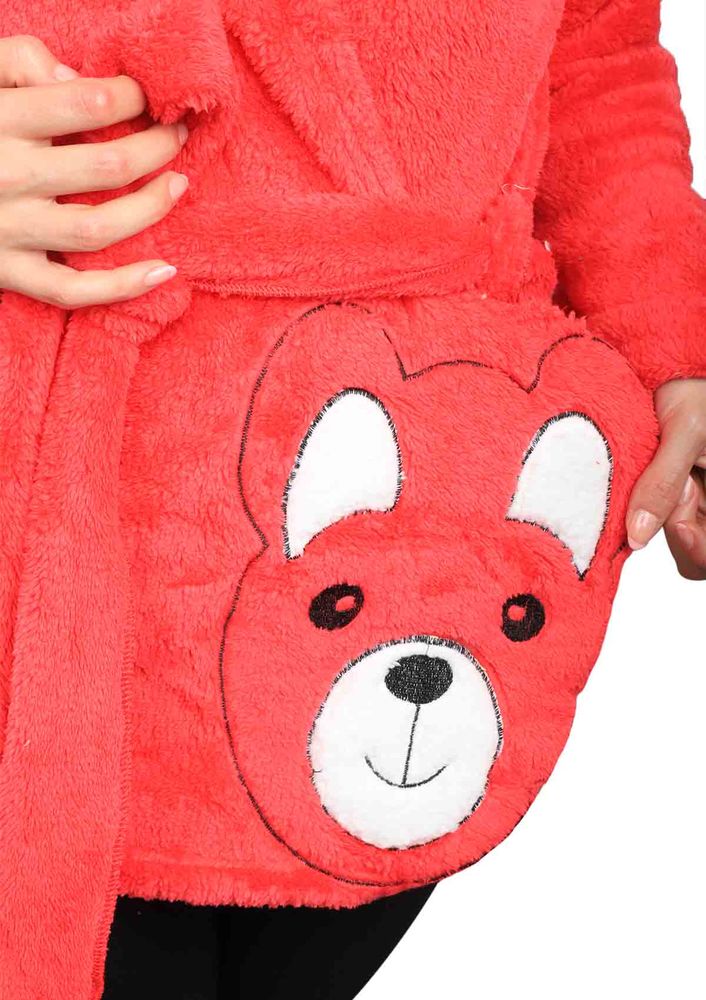 Pery Kapüşonlu Kırmızı Peluş Sabahlık 099 | Fuşya