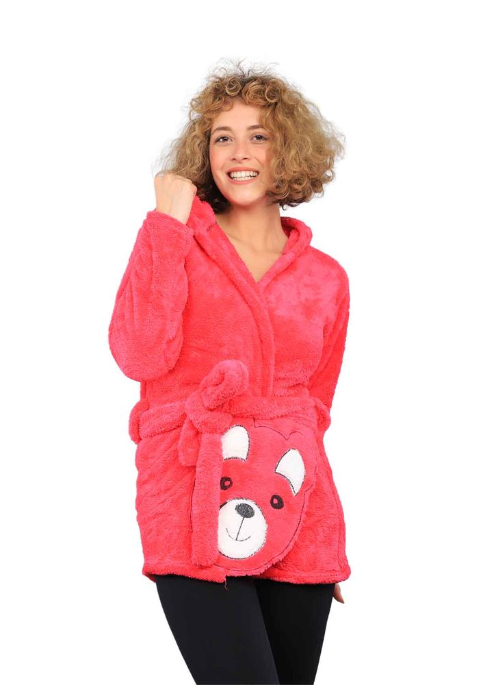 Pery Kapüşonlu Kırmızı Peluş Sabahlık 099 | Pembe