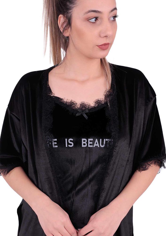 Güpürlü Kadife Şortlu 3'lü Pijama Takımı 10103 | Siyah