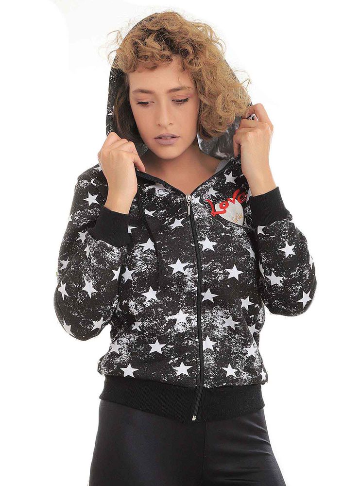 Fermuarlı Kapüşonlu Yıldızlı Siyah Sweat 120 | Siyah