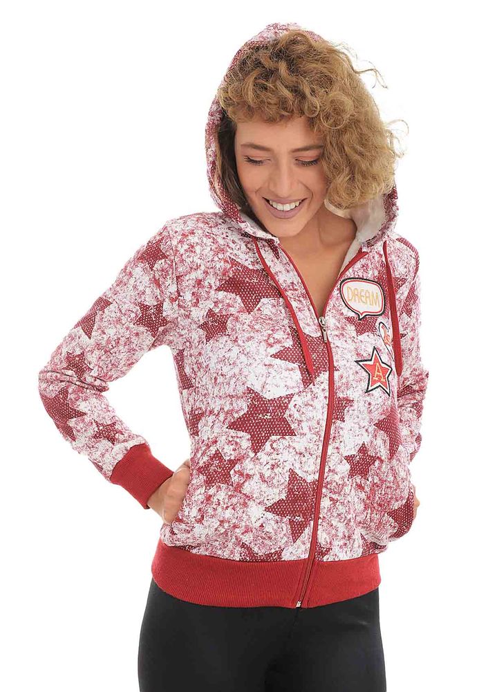 Fermuarlı Kapüşonlu Yıldız Desenli Sweat 123 | Bordo