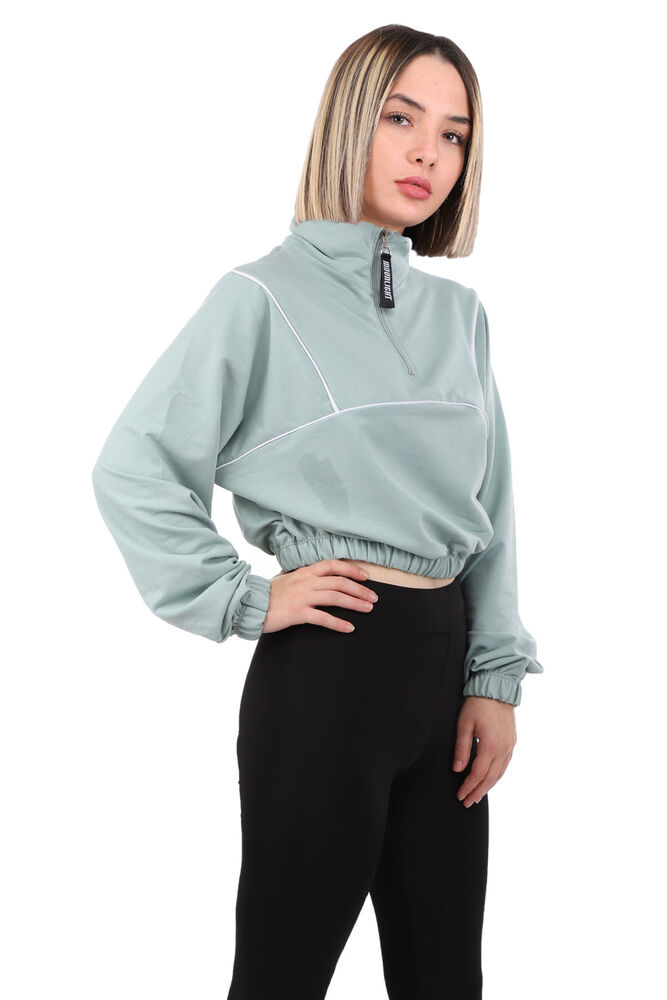 Yarım Fermuarlı Crop Kadın Sweat | Yeşil