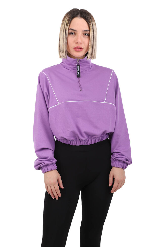 Yarım Fermuarlı Crop Kadın Sweat | Mor