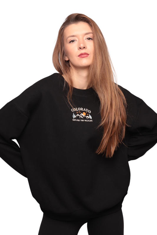 SİMİSSO - Nakışlı 3 İplik Kadın Sweatshirt 5808 | Siyah