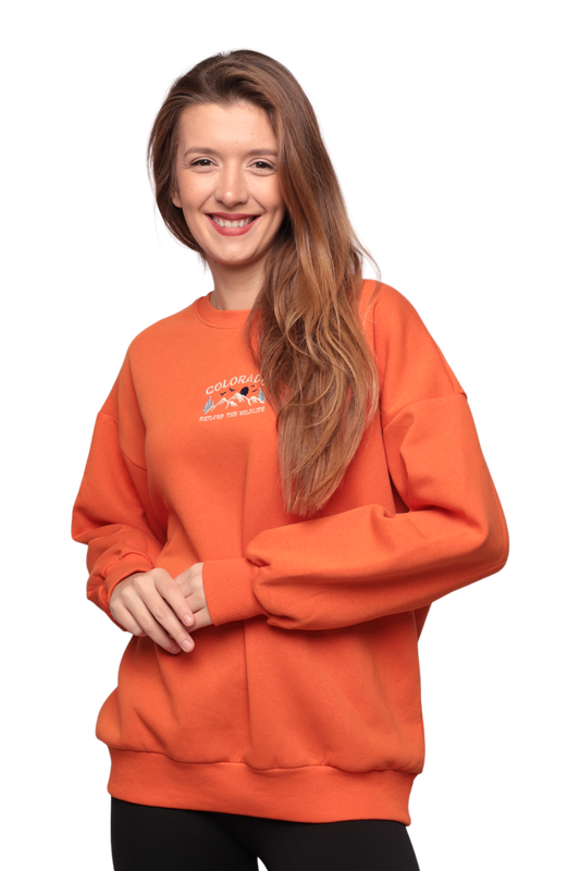 SİMİSSO - Nakışlı 3 İplik Kadın Sweatshirt 5808 | Turuncu