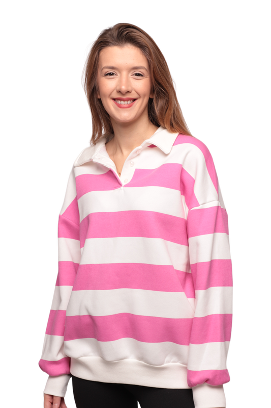 SİMİSSO - Çizgili 3 İplik Kadın Sweatshirt 5806 | Pembe