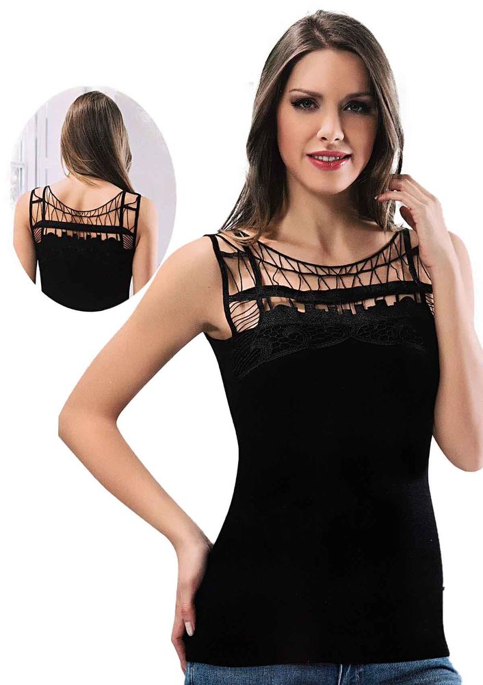 Kota Sıfır Kollu Yakası Güpürlü T-shirt 6096 | Siyah