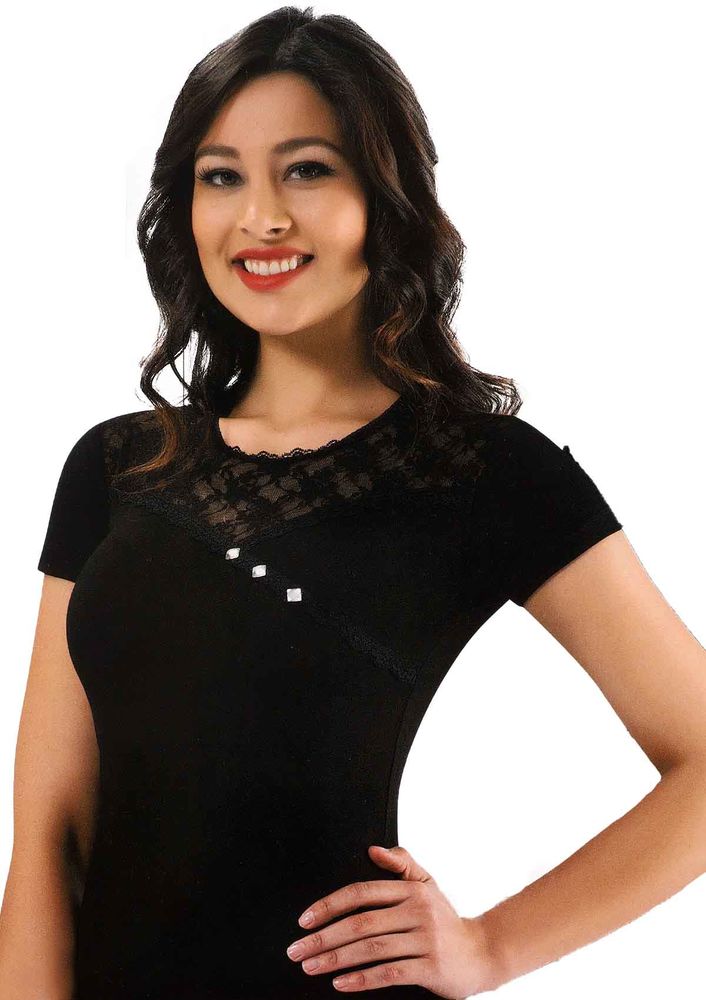 Kota Yakası Transparan Dantelli T-shirt 6031 | Siyah