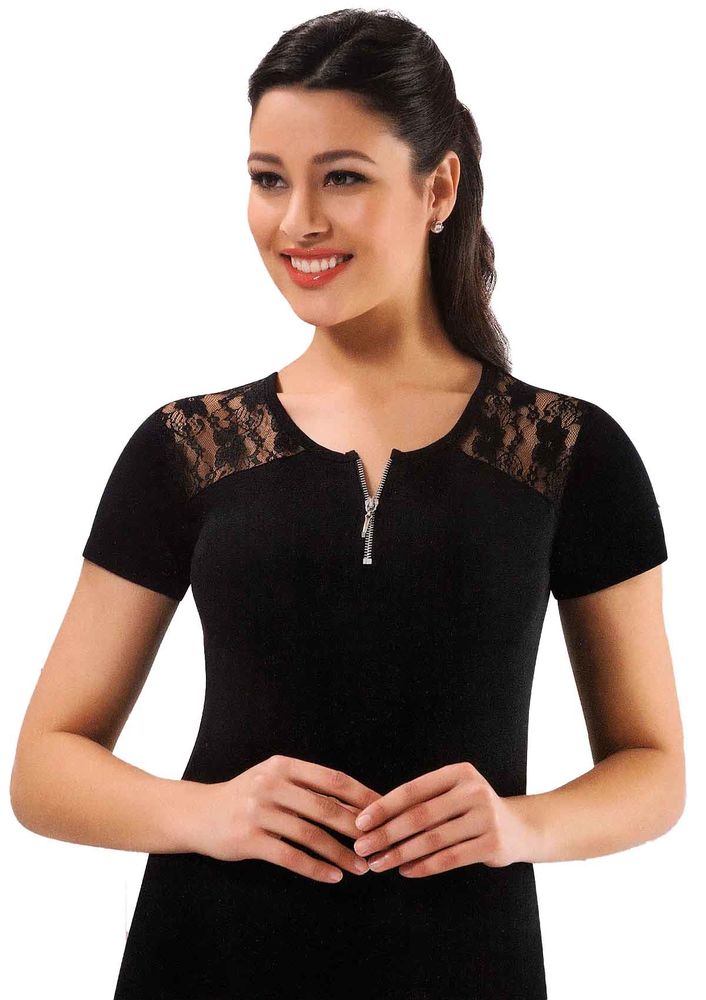 Kota Yakası Fermuarlı Omuzları Dantelli T-shirt 6034 | Siyah