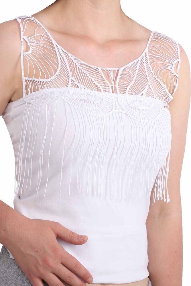 Kota Güpür Askılı Sıfır Kollu Püsküllü T-Shirt 6119 | Beyaz