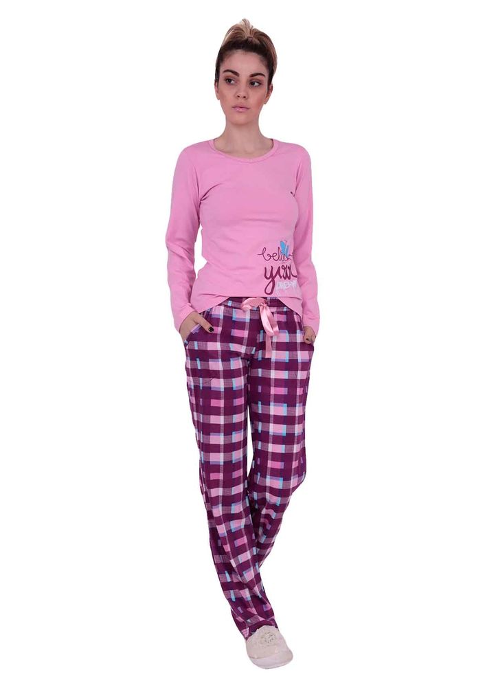 Dar Paçalı Kareli Pijama Takımı 4556 | Pembe