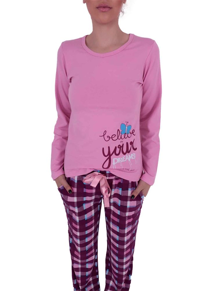 Dar Paçalı Kareli Pijama Takımı 4556 | Pembe
