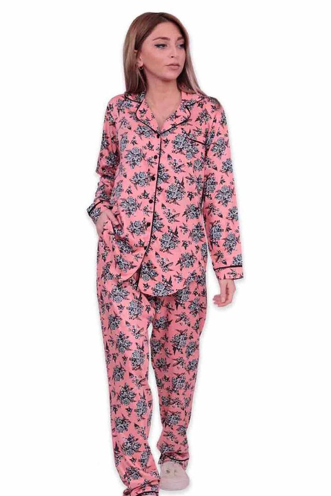 Aydoğan Desenli Poplin Gömlek Kadın Pijama Takımı 14026 | Somon