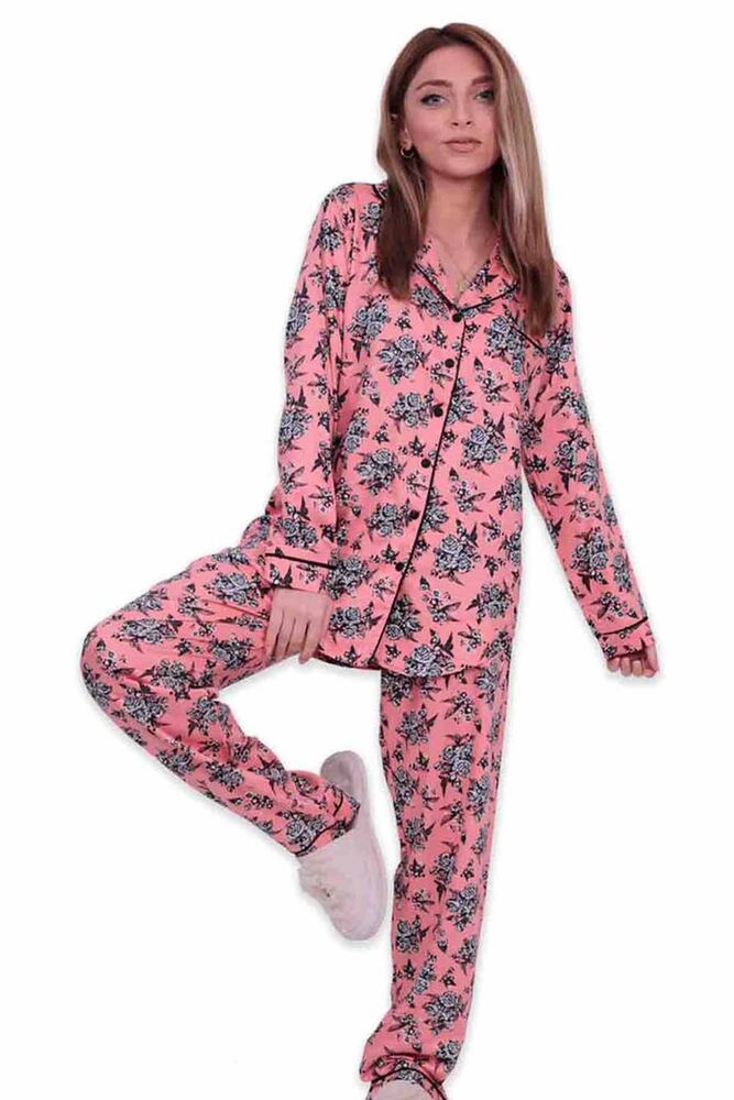 Aydoğan Desenli Poplin Gömlek Kadın Pijama Takımı 14026 | Somon