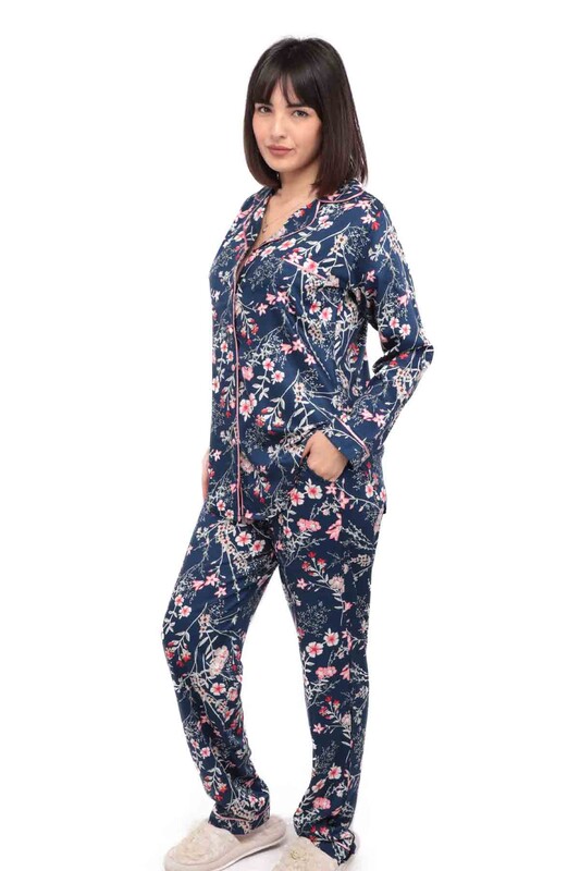 Aydoğan Poplin Uzun Kollu Gömlek Kadın Pijama Takımı 14044 | Lacivert - Thumbnail