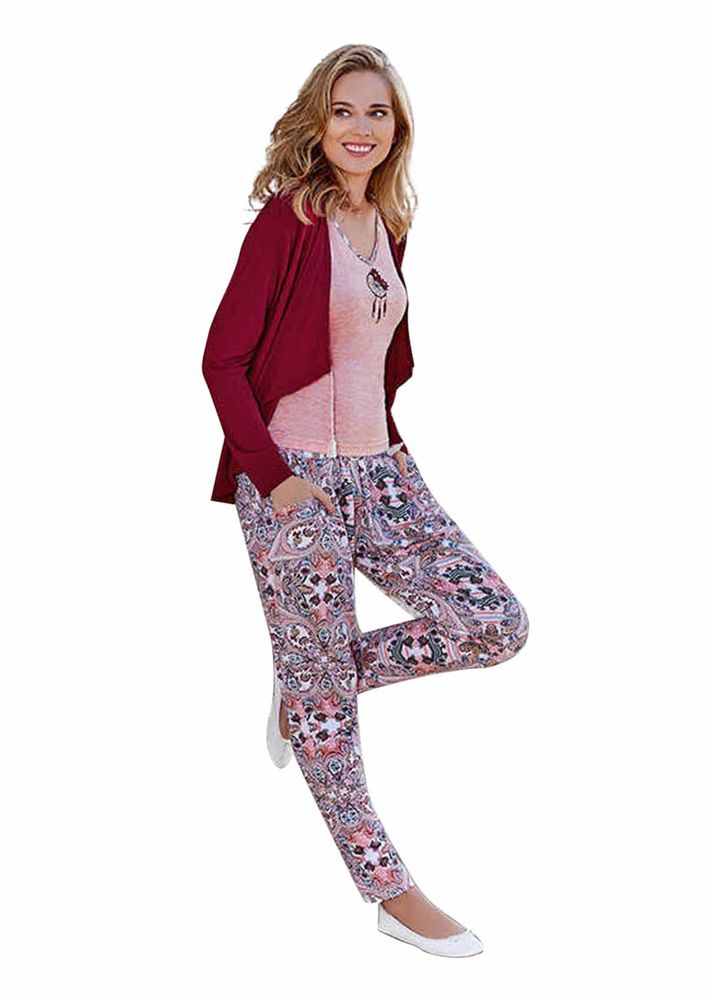 Berrak V Yakalı Desenli Dar Paçalı Pijama Takımı 443 | Bordo