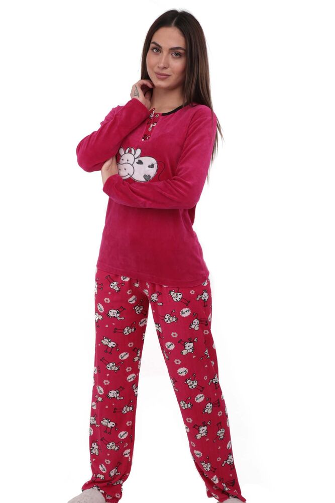 Fapi Boru Paçalı Desenli Kadife Pijama Takımı 3315 | Fuşya