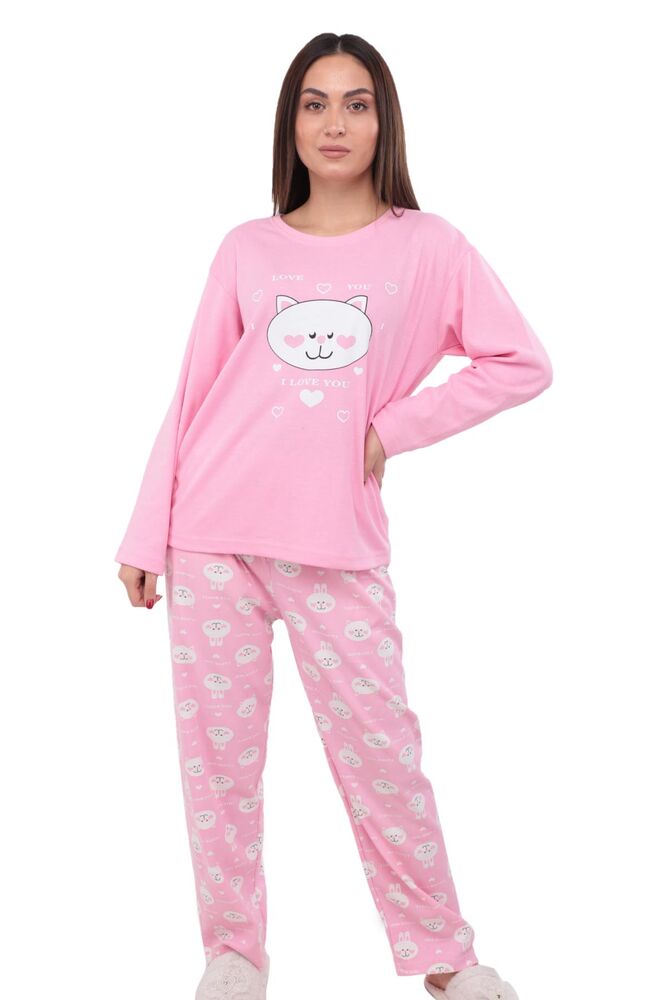 Kedi Baskılı Uzun Kollu Kadın Pijama Takımı 389 | Pembe