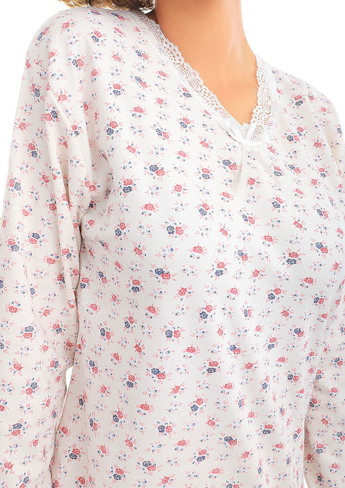 V Güpür Yakalı Desenli Pijama Takımı 2250 | Krem