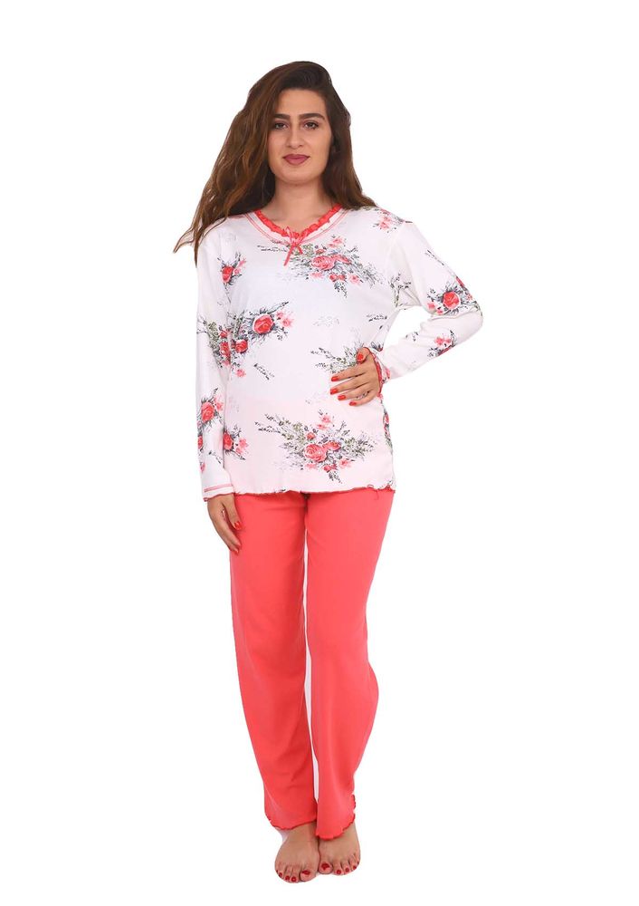 Good Night Yakası Fırfırlı Çiçek Desenli Beyaz-Kırmızı Pijama Takımı 1001 | Nar Çiçeği