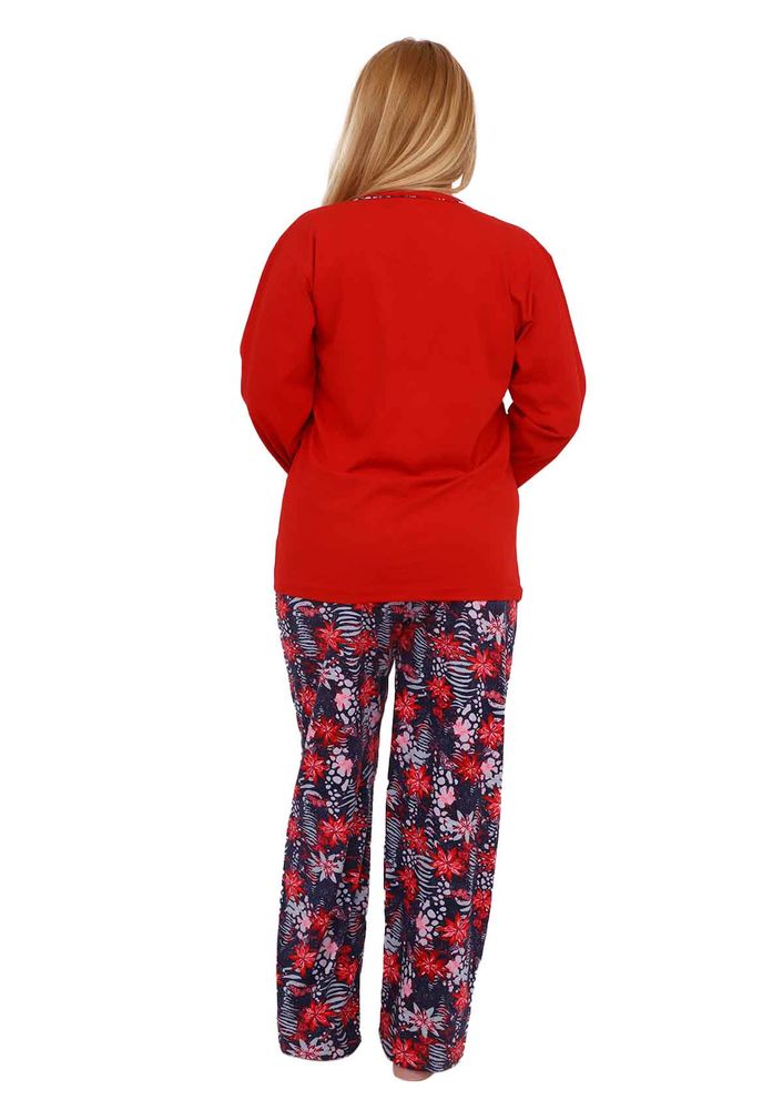 Işılay Yakası Düğmeli Çiçek Desenli Pijama Takımı 5840 | Kırmızı