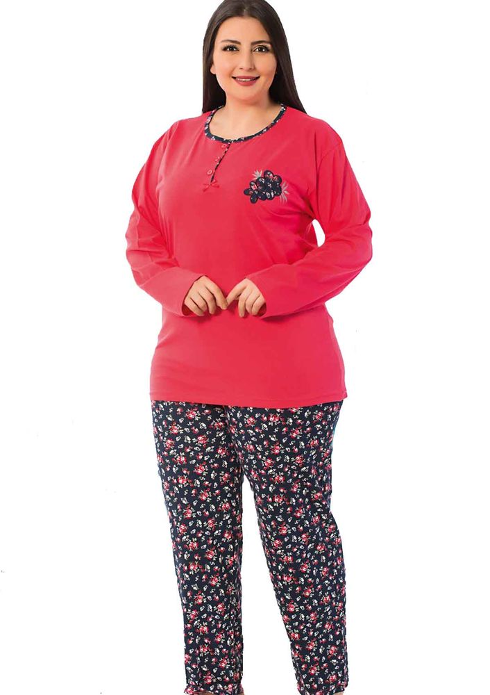Işılay Çiçek Desenli Yakası Düğmeli Pijama Takımı 9417 | Pembe