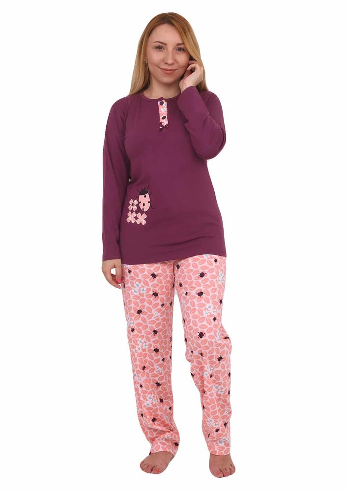 Işılay Yakası Düğmeli Uğur Böceği Desenli Pijama Takımı 8640 | Mürdüm