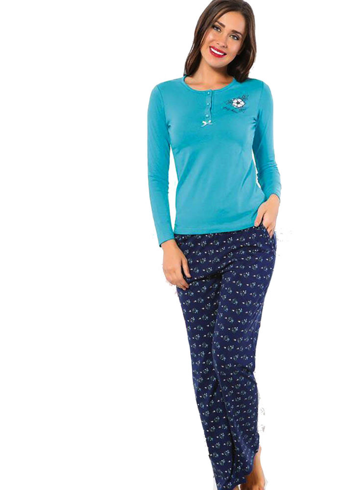 Lady Shine Desenli Düğme Detaylı Pijama Takımı 316 | Turkuaz