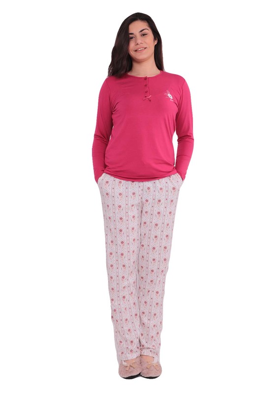 Lady Shine Desenli Fuşya-Beyaz Pijama Takımı 309 | Fuşya - Thumbnail