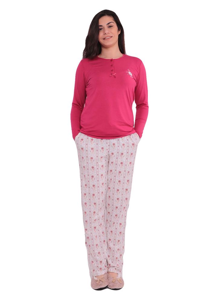 Lady Shine Desenli Fuşya-Beyaz Pijama Takımı 309 | Fuşya