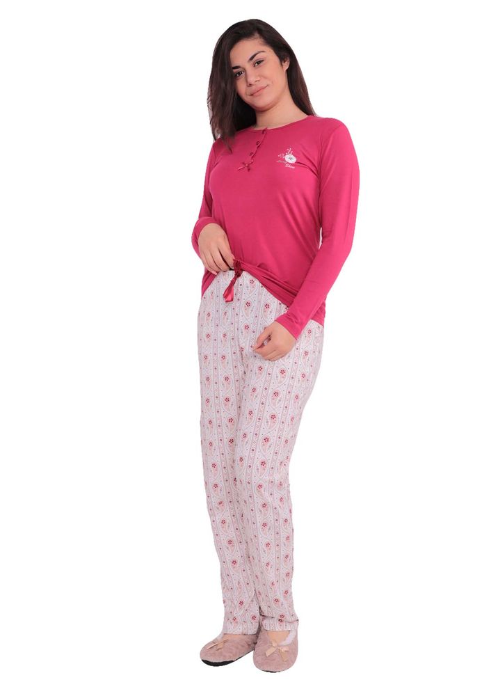 Lady Shine Desenli Fuşya-Beyaz Pijama Takımı 309 | Fuşya