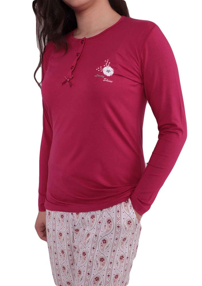 Lady Shine Desenli Fuşya-Beyaz Pijama Takımı 309 | Fuşya