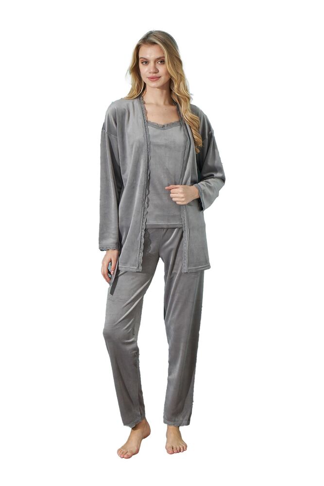 Kadın Kadife 3 lü Pijama Takımı 13402-1 | Gri