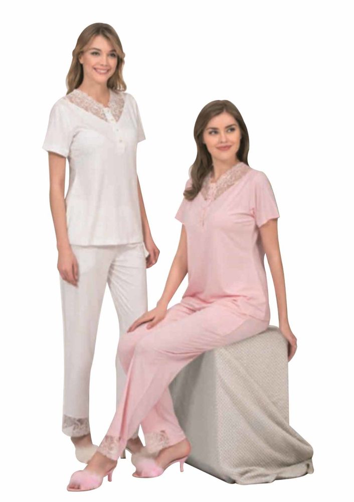Poleren Yakası Güpürlü Düğmeli Pijama Takımı 5959 | Ekru