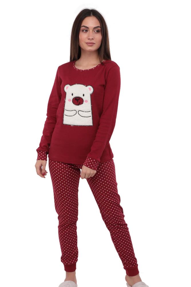 Ayı Desenli Uzun Kollu Kadın Polar Pijama Takımı 5007 | Kırmızı