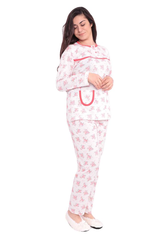 Yenteks Düğme Detaylı Ön Yakası Fırfırlı Desenli Pijama Takımı 558 | Nar Çiçeği