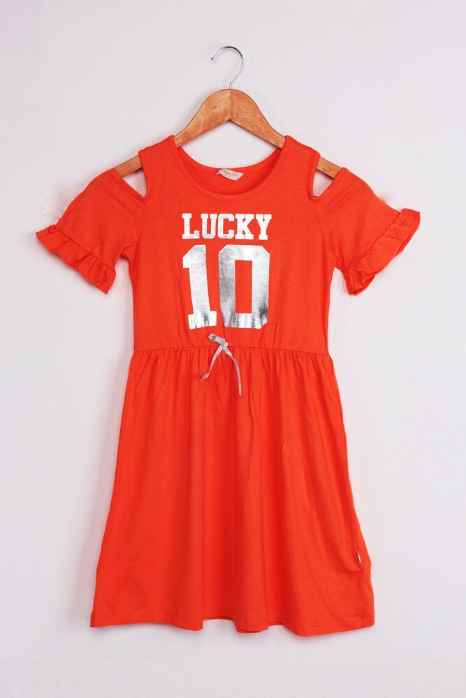 Omzu Açık Lucky Baskılı Kız Çocuk Elbisesi | Turuncu