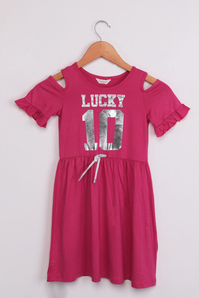 Omzu Açık Lucky Baskılı Kız Çocuk Elbisesi | Fuşya