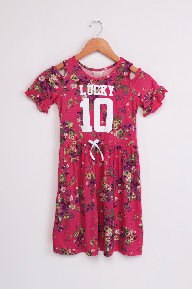 Lucky Baskılı Kız Çocuk Elbise | Fuşya
